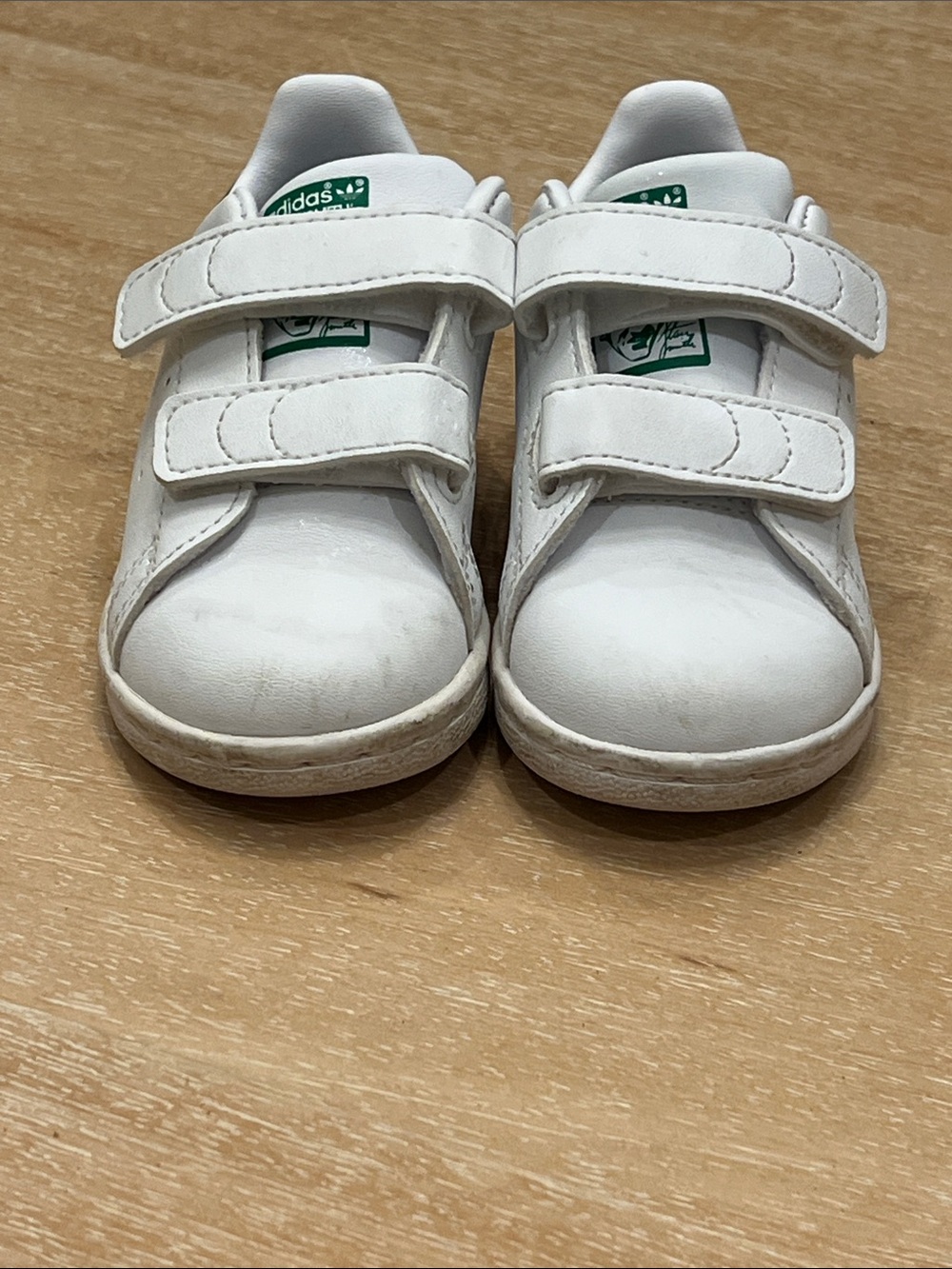 adidas Kids White Sneakers with Green Logo - Velcro Straps